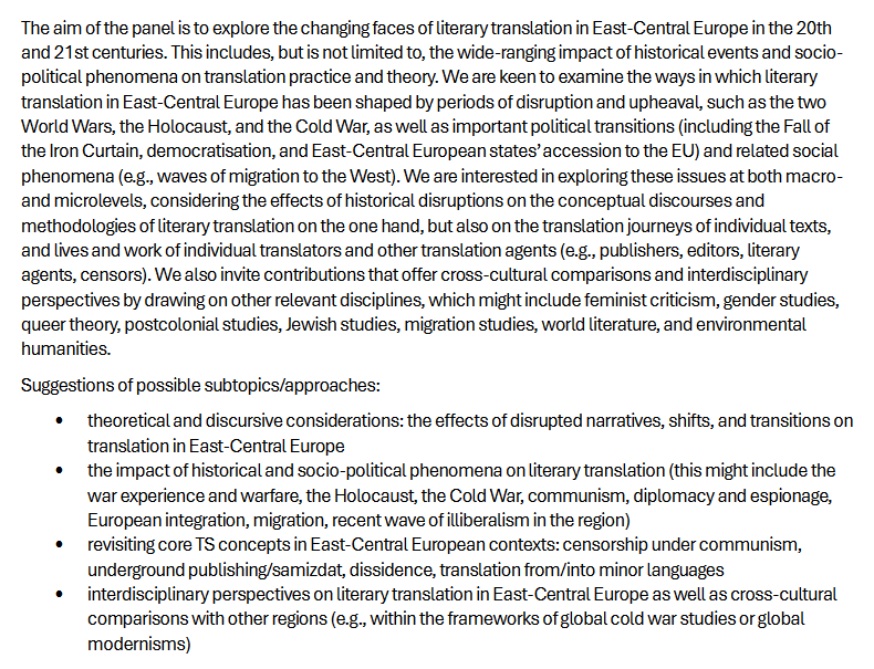 Those working in the fields of translation & Central/East European studies, consider submitting a paper to Panel 28 co-chaired by @joanna_rzepa & myself: Literary Translation in Transition: Disruptions in Central and Eastern Europe in the 20th and 21st Century. #EST25 #Team28