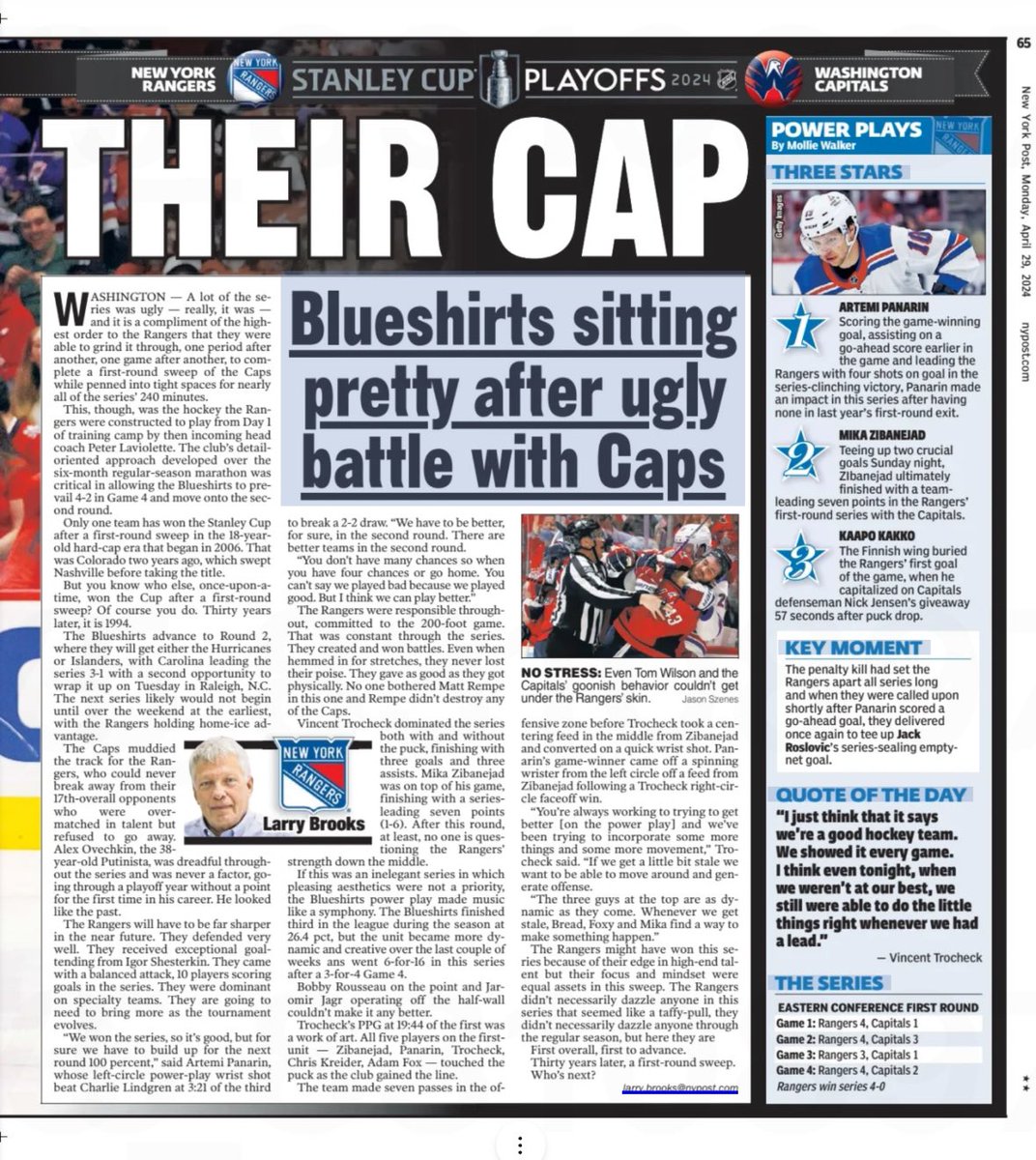 #NYR series-clinching spread in today’s @nypost ahead of day off ⬇️ First team in, first team on ➡️ bit.ly/3UlcOSN Brooks: Rangers’ gritty sweep of Capitals was six months in the making ➡️ bit.ly/44jKHrD