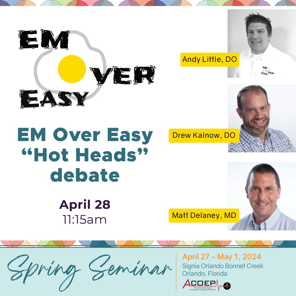 Get ready for EM Over Easy 'Hot Heads' debate as part of the RSO Program! Recording takes place April 29 at 11:15am. Mark your calendars – it's an experience for everyone in emergency medicine. #ACOEP24 #EMOverEasy #EmergencyMedicineEducation #ACOEPEducation