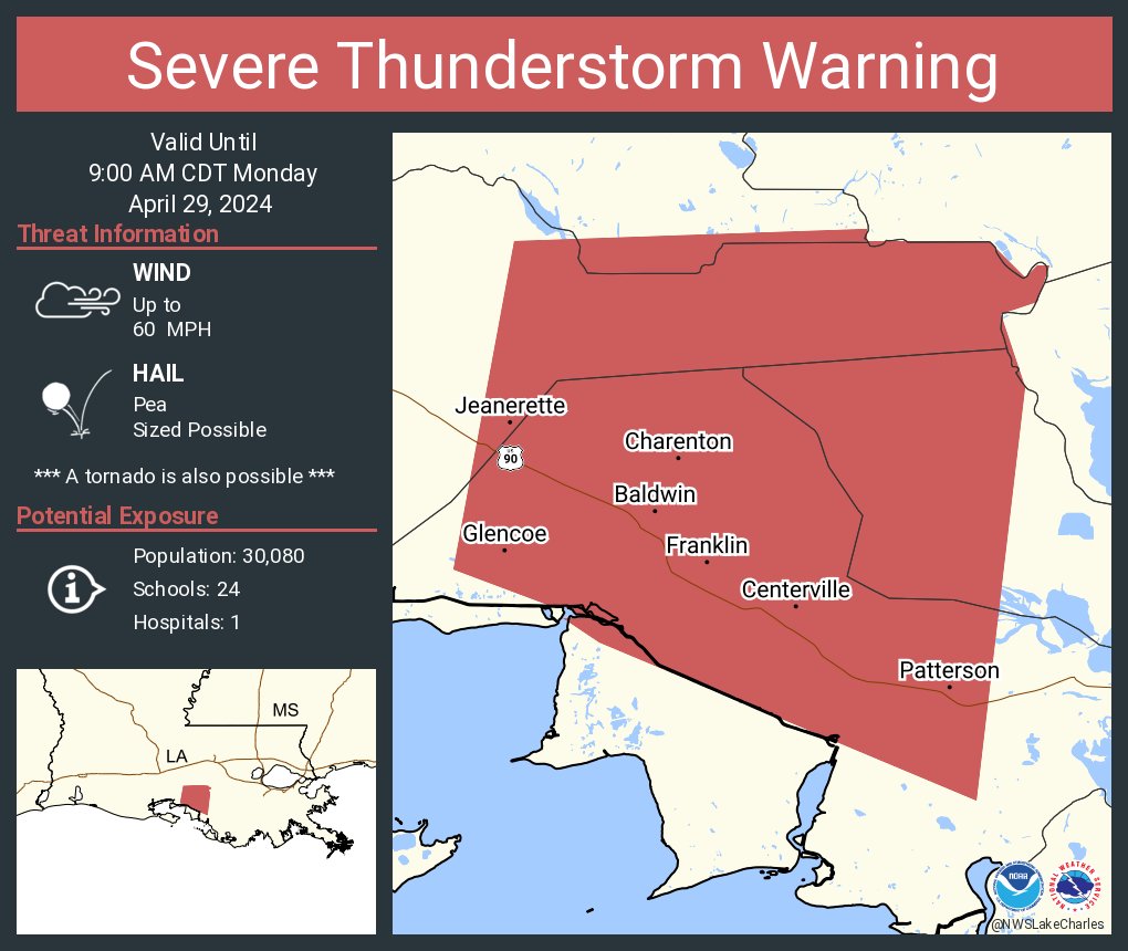 Severe Thunderstorm Warning including Franklin LA, Patterson LA and Jeanerette LA until 9:00 AM CDT