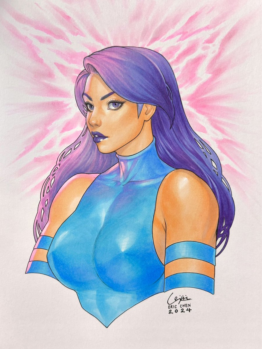 Quick Psylocke sketch!
This was drawn partially during a stream and I finished her up with some colors. 
Wonder if we will see her in X-Men ‘97

Copic markers and ink on 9x12 Bristol