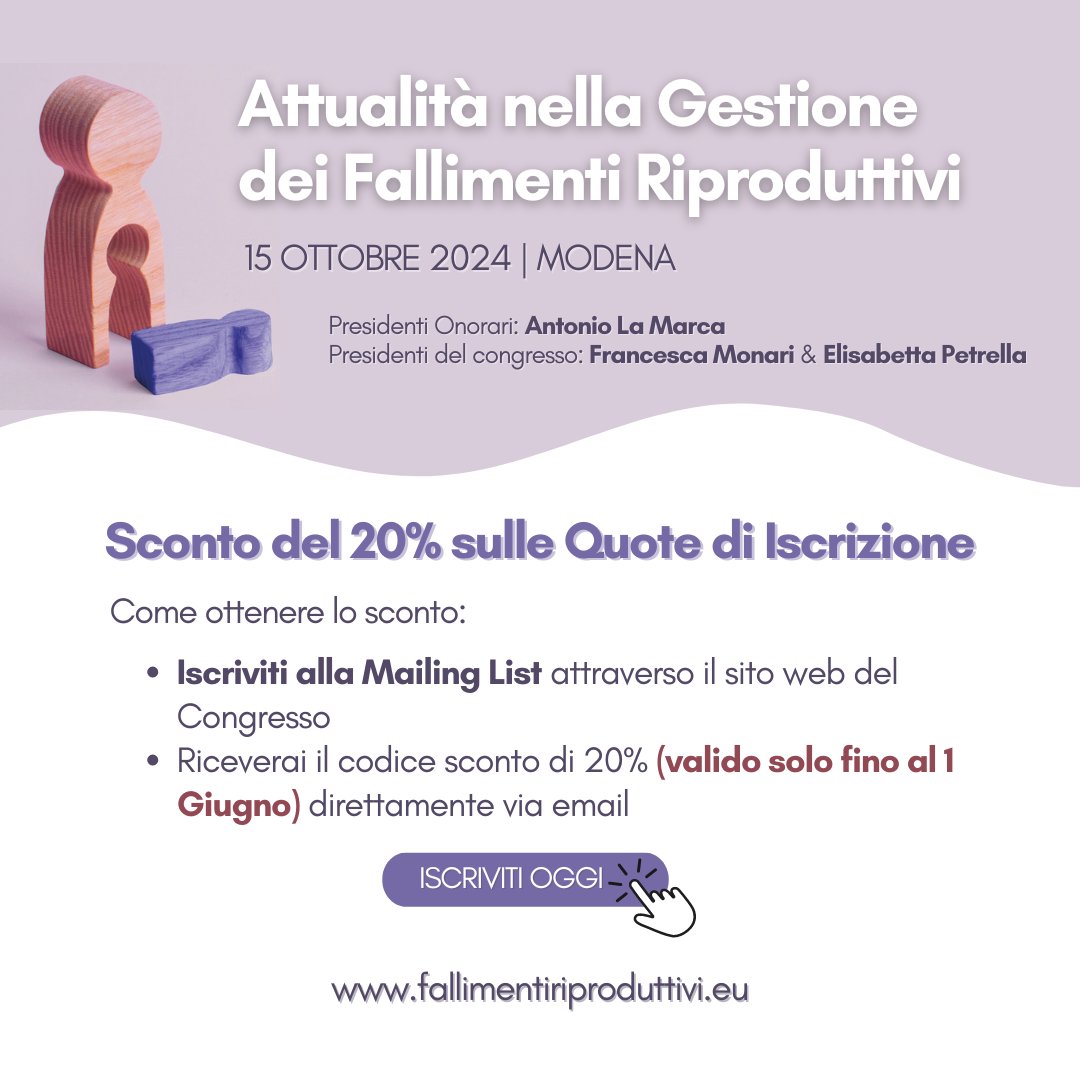 Sconto del 20% disponibile per il Congresso 'Attualità nella Gestione dei Fallimenti Riproduttivi', che si terrà il 15 Ottobre 2024 a Modena. Iscriviti ora: bit.ly/4bo225l