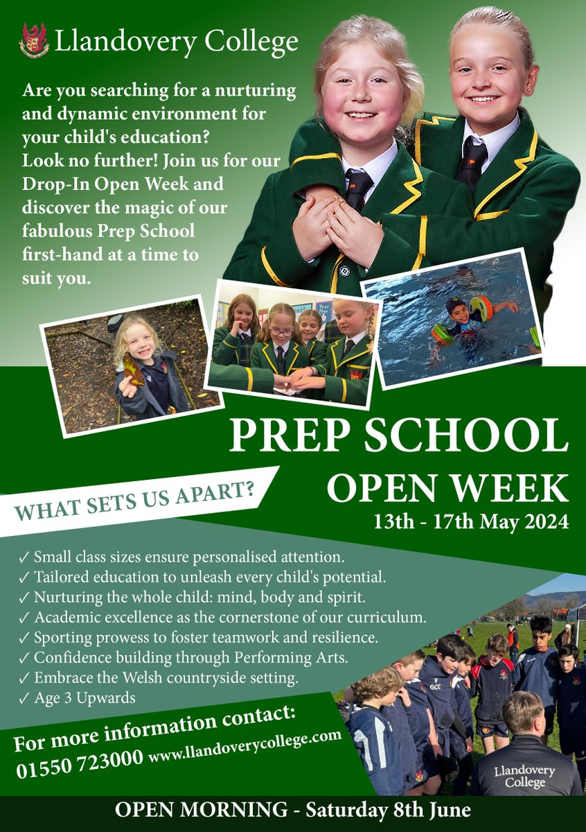 Are you searching for a nurturing and dynamic environment for your child's education? Look no further! Join us for our Prep School drop in 'Open Week' from Monday 13th to Friday 17th May 2024 and see our school in action! Further information and to book: llandoverycollege.com/events/prep-sc…