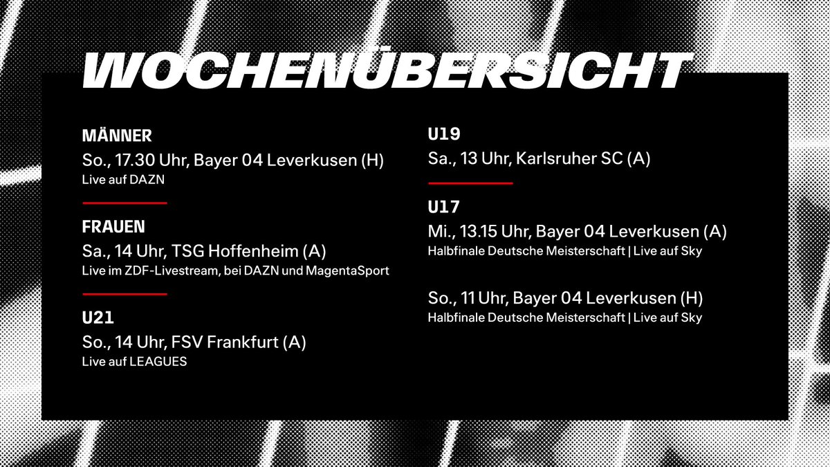 𝟑𝐱 @bayer04fussball, 𝟔-𝐏𝐮𝐧𝐤𝐭𝐞-𝐒𝐩𝐢𝐞𝐥 bei den @EintrachtFrauen und 𝐒𝐭𝐚𝐝𝐭𝐝𝐞𝐫𝐛𝐲 der #sgeU21: Einiges los! 🗓️👇 #SGE