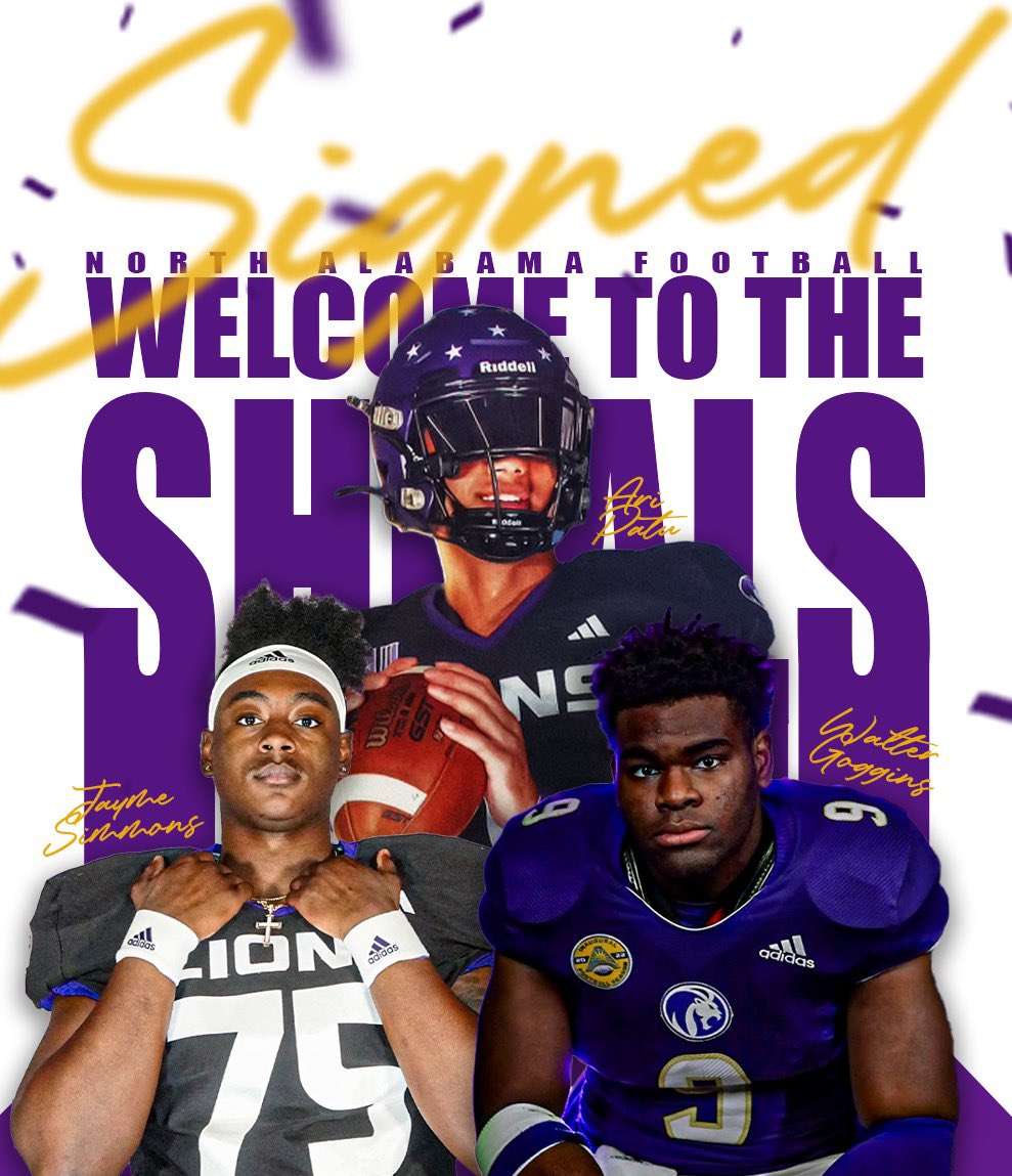 North Alabama Football (@unafootball) on Twitter photo 3 New Faces Headed To The Shoals 😎
QB- <a href="/ari_patu/">Ari Patu</a>
OL- <a href="/jayme_simmons/">Jayme Simmons</a>
DL- <a href="/TheWaltG1/">Walter Ty. Goggins</a>
#RoarLions🦁 3 New Faces Headed To The Shoals 😎
QB- <a href="/ari_patu/">Ari Patu</a>
OL- <a href="/jayme_simmons/">Jayme Simmons</a>
DL- <a href="/TheWaltG1/">Walter Ty. Goggins</a>
#RoarLions🦁
