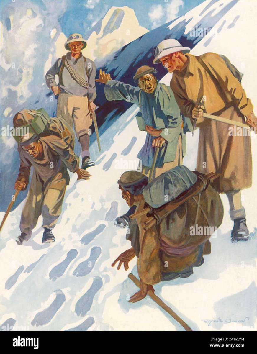 Does anyone know where this image from Alamy first appeared?  It shows Ronald Kaulback's encounter with supposed yeti tracks on the headwaters of the Salween 1935-6.  The Sherpas illustrated are Lewa, Nyima Tondrup and Nyima Dorje @waymarksblog 
rb.gy/x8q0yf
#Sherpas