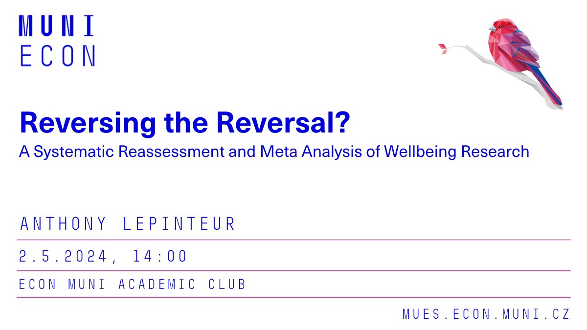 📢 #MUES research seminar

On Thursday, Anthony Lepinteur (@ALepinteur) from @uni_lu will present his study in which he systematically reassessed existing wellbeing research.

Join us ⏩ mues.econ.muni.cz/research-semin…