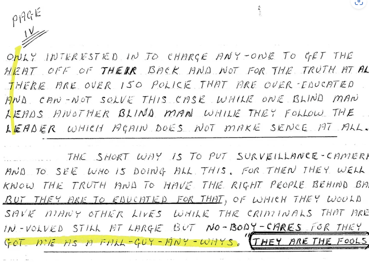 A letter written by Robert Pickton... 'They would save many other lives while the criminals that are involved still at large but nobody cares for they got me as a fall guy anyways. They are fools.' Robert Pickton DID. NOT. ACT. ALONE!