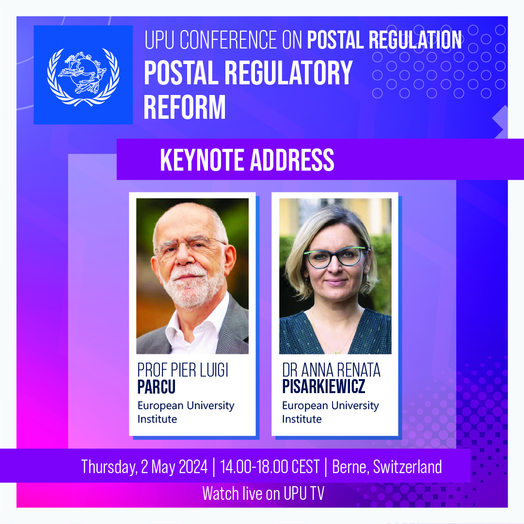 THIS THURSDAY: How can #PostalRegulation help the postal sector succeed in the age of #eCommerce? Let's discuss with experts this week👇 🗣Keynote address by Prof Pier Luigi Parcu & Dr Anna Renata Pisarkiewicz, @EUI_EU 📆2 May 💻LIVE on UPU TV 👉bit.ly/3Jy0ppx