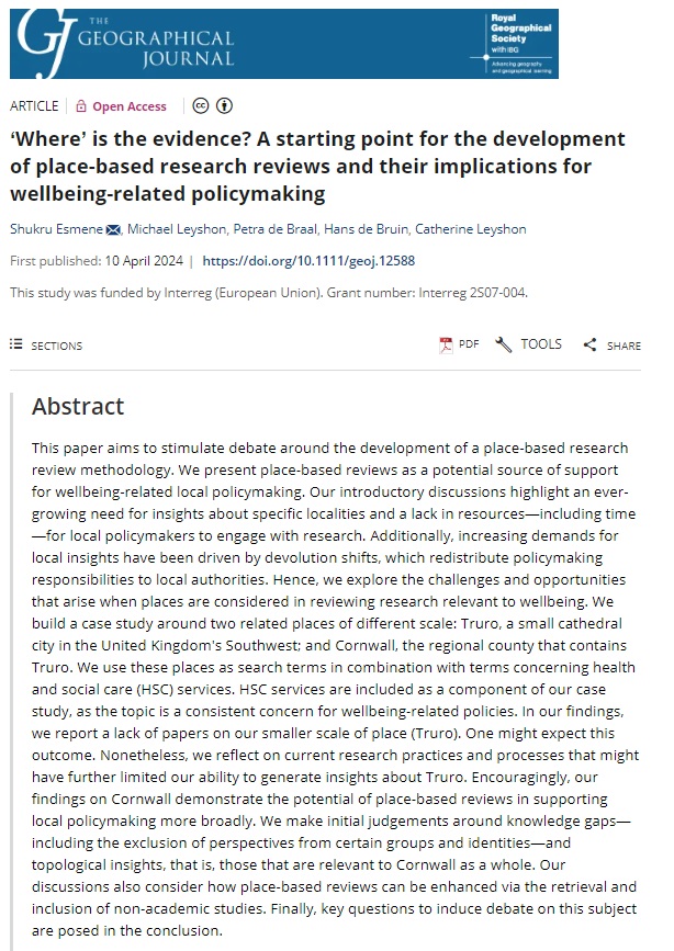 📣New paper published by Shukru Esmene, <a href="/MikeLeyshon/">ml</a>, Petra de Braal, Hans de Bruin, &amp; @cleyshon:

'‘Where’ is the evidence? A starting point for the development of place-based research reviews and their implications for wellbeing-related policymaking'. 

doi.org/10.1111/geoj.1…