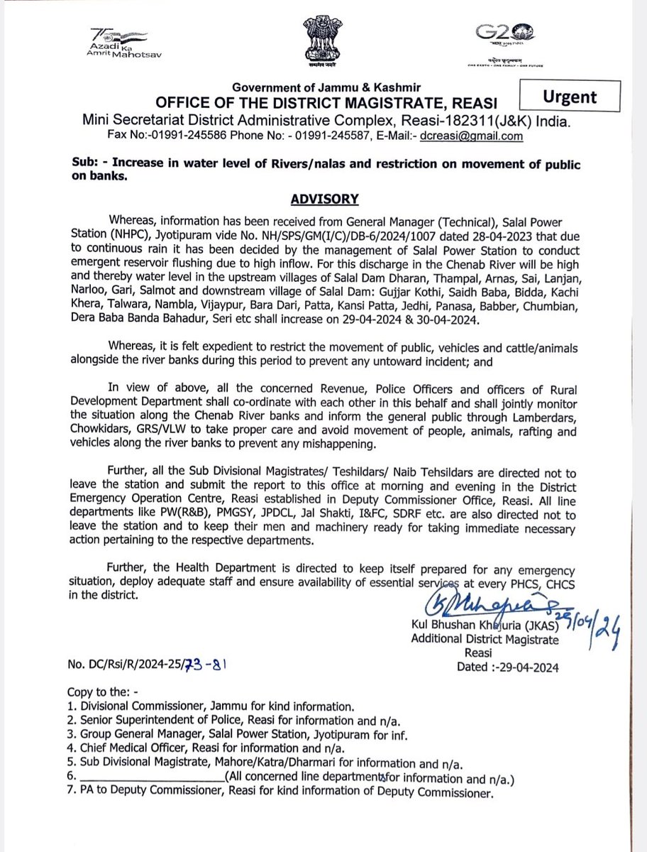 #Advisory Due to high inflow from Salal Dam, water levels in upstream and downstream villages along Chenab River will rise on 29th & 30th April. To ensure safety movement of people, vehicles& animals along river banks is restricted @Divcomjammu @diprjk @vishesh_jk @ddnews_jammu