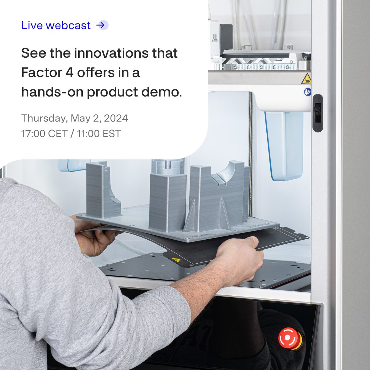 Meet the new UltiMaker Factor 4. Join us on May 2nd at 11:00 ET / 17:00 CET for a live demo of our industrial-grade #3Dprinting solution. Direct drive dual extrusion, triple insulated build volume, climate controlled automated material handling, and more! explore.ultimaker.com/Factor4Showcas…
