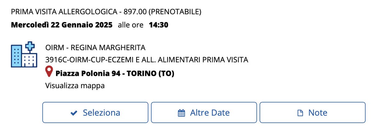 Situazione sanità in @regionepiemonte: prima disponibilità allergologo pediatrico al Regina Margherita, Gennaio 25. Ma votiamo ancora @Alberto_Cirio, 'Torino Bellissima' e compagnia bella, mi raccomando. 

P.S. 'fortunatamente' ho un'assicurazione, ma appunto è un privilegio.