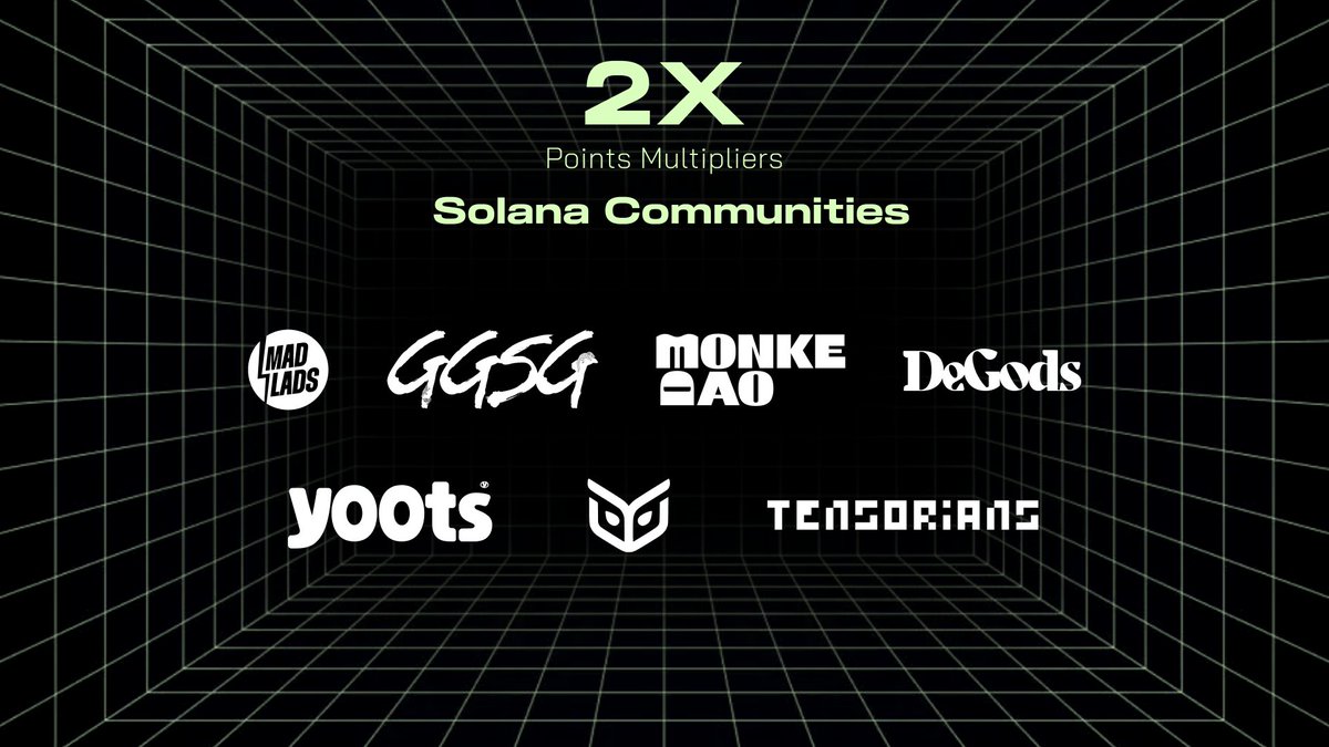 1️⃣ Points Multipliers 2x for Solana communities: 🔘 @GalacticGeckoSG 🔘 @MadLads 🔘 @MonkeDAO 🔘 @DeGodsNFT & @y00tsNFT 🔘 @OvolsNFT 🔘 @tensor_hq