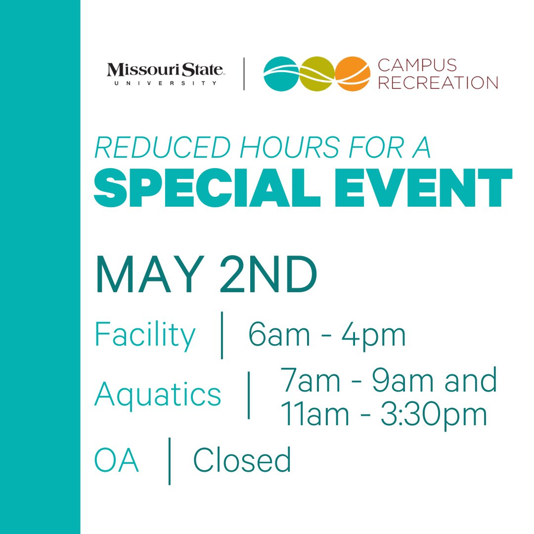 _MSUCampusRec's tweet image. We will be closing early for a special event this Thursday, May 2nd. 
Enjoy your last classes and have a safe weekend!