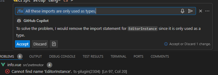Symbiatch's tweet photo. And yet another example of how #CoPilot/#AI just doesn't work. Biome says the import is for a type so it should be imported as type, not regularly. VS Code suggests letting CoPilot fix it. And yeah, it really can't. It thinks removing the whole import is the fix. https://t.co/d9R3Fyf5z4