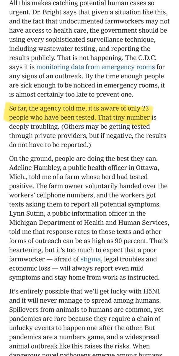 Update. The eight people in India immediately quarantined because of outbreak at a poultry farm all tested negative for H5N1. Contrast: CDC told me they’re aware of only 23 people *in the entire US* tested for H5N1 because of our widespread cow outbreak. timesofindia.indiatimes.com/city/ranchi/ho…