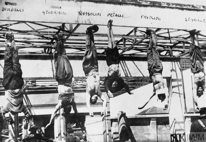 This is what happened to Benito Mussolini and a few of his close friends, 79 years ago today. Fascists are not popular once they're overthrown. .