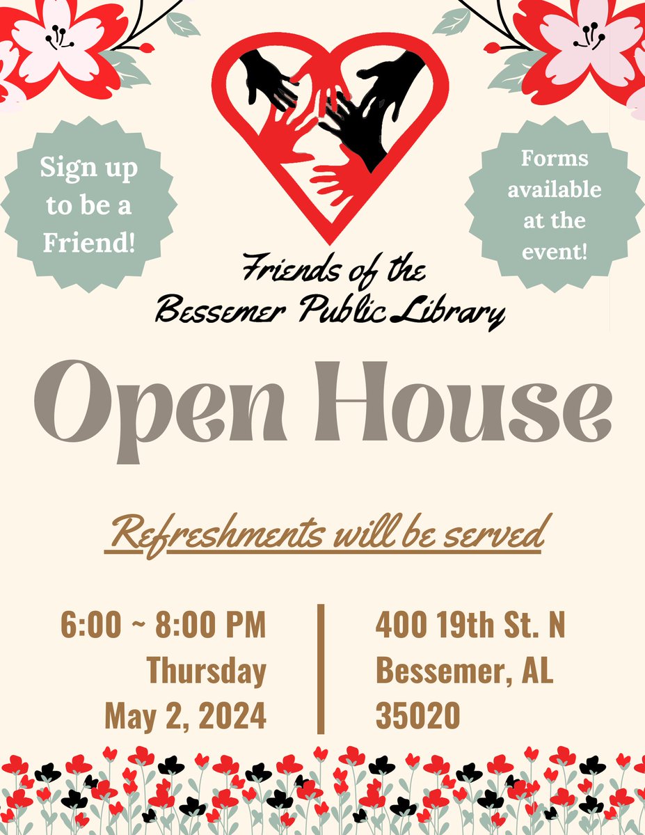 Friends of the Bessemer Public Library Open House this Thursday at 6pm! Event will take place in the Upper Level Auditorium. Hope to see you there!
#besslibrary #bookstore #booklovers #friendsofthelibrary #meetandgreet #freeevent #opentothepublic