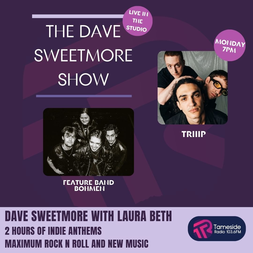 On The @davesweetmore Show live tonight from 7pm, @TRIIIPband are live in the studio, feature band are @wearebohmen, plus two hours of indie anthems from across the decades and the best in new music ↘️