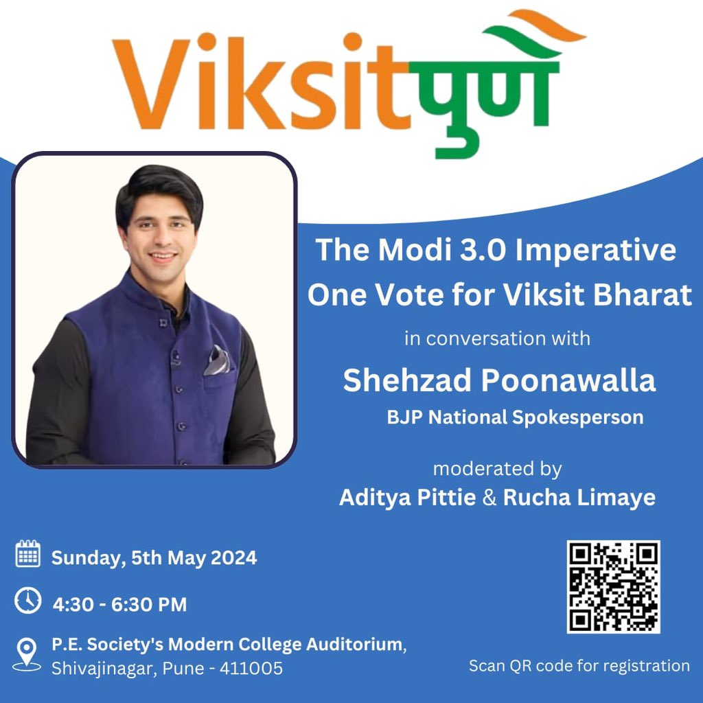 Catch @BJP4India National Spokesperson Shri @Shehzad_Ind 🫡 in a Hard hitting Conversation 🤯💥with @pittieaditya and @rucha_limaye_. Watch him live on 🗓️ May 5th, 🕓4:30 PM Onwards only at @viksit_pune platform, Pune for an engaging talk *Titled: The Modi 3.0 Imperative - One…