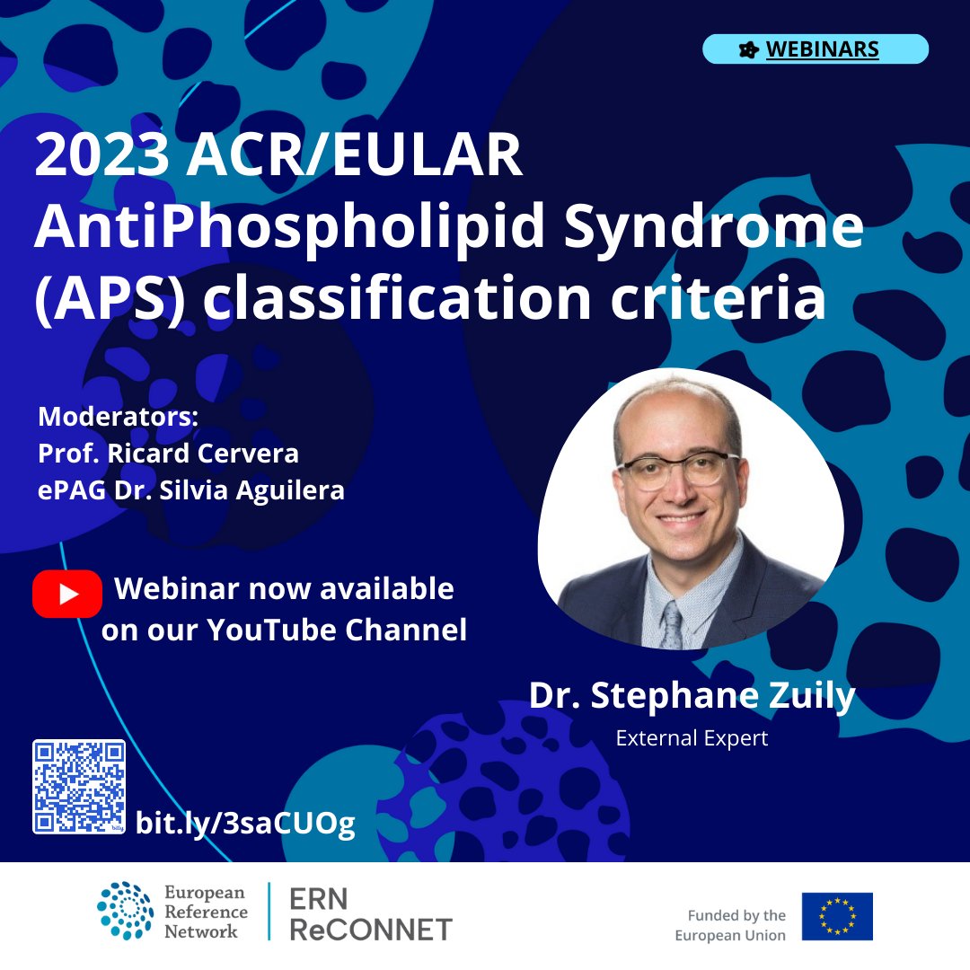 🎞️🆕<a href="/ern_reconnet/">ERN ReCONNET 🇪🇺</a> #webinar available on our YouTube channel with Prof. <a href="/szuily/">Stéphane ZUILY</a> updating us on the #APS <a href="/ACRheum/">American College of Rheumatology</a>/<a href="/eular_org/">EULAR</a>  Classification Criteria👉bit.ly/3JD83ir 
⚙️Resources on APS bit.ly/3xy9Pi3 
✍️Registration to other webinars bit.ly/3DxXDhi