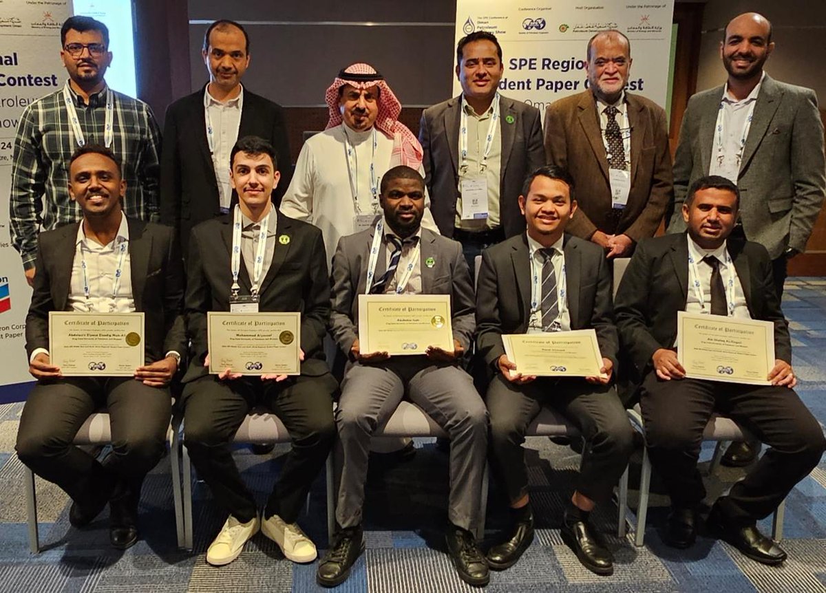 #KFUPM students from @SPEKFUPM won 1st & 2nd places at @SPEtweets regional student paper contest across BS, MS, and PhD divisions at the Oman Petroleum and Exhibition Show. They will represent the MENA Region at the upcoming SPE International Contest. Proud of your achievement!