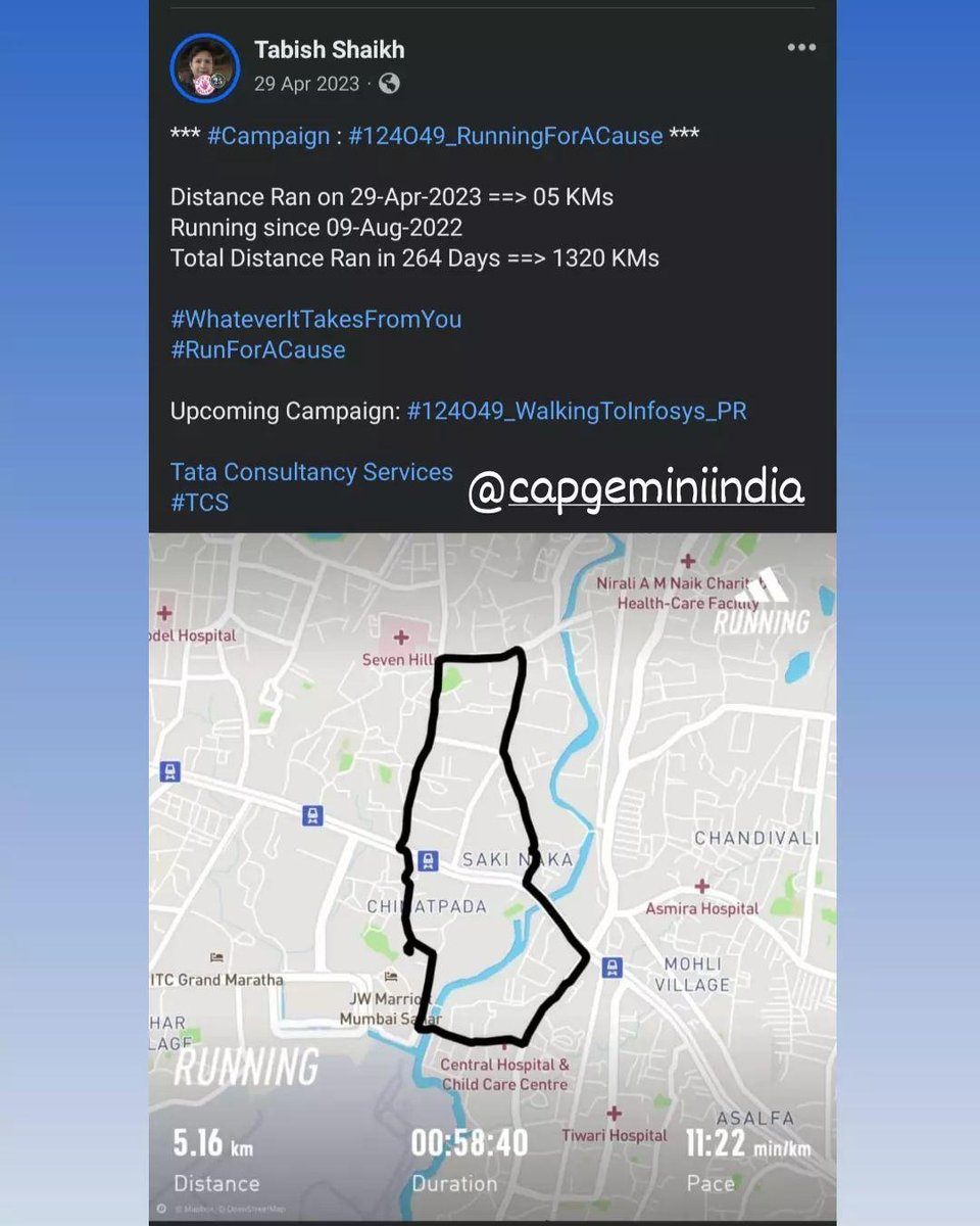 * #Campaign : #124O49_RunningForACause *

Distance Ran on 29-Apr-2023 ==> 05 KMs
Running since 09-Aug-2022 
Total Distance Ran in 264 Days ==> 1320 KMs

#WhateverItTakesFromYou
#RunForACause

Upcoming Campaign: #124O49_WalkingToInfosys_PR 

@TCS
#TCS

@Capgemini