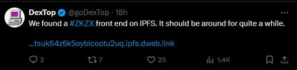 PSA: a front-end being down is not the same as the protocol/smart contract going down. If you like privacy, the zkzx protocol has a different front-end by @goDexTop (people can make as many decentralized front ends as they like, such as with #HEX and #PulseX). They even put it