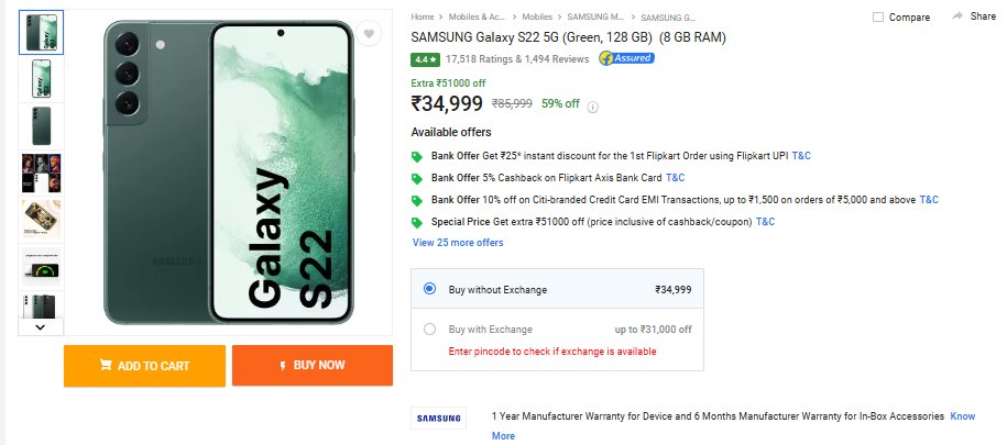 Samsung Galaxy S22 Green (8,128 GB) Variant
-Available for 34,999

-Use FLIPKART AXIS BANK CARD FOR EXTRA 5% CASHBACK of 1750 Rs

#Samsung #S22 #Flipkart #GreatSummerSale