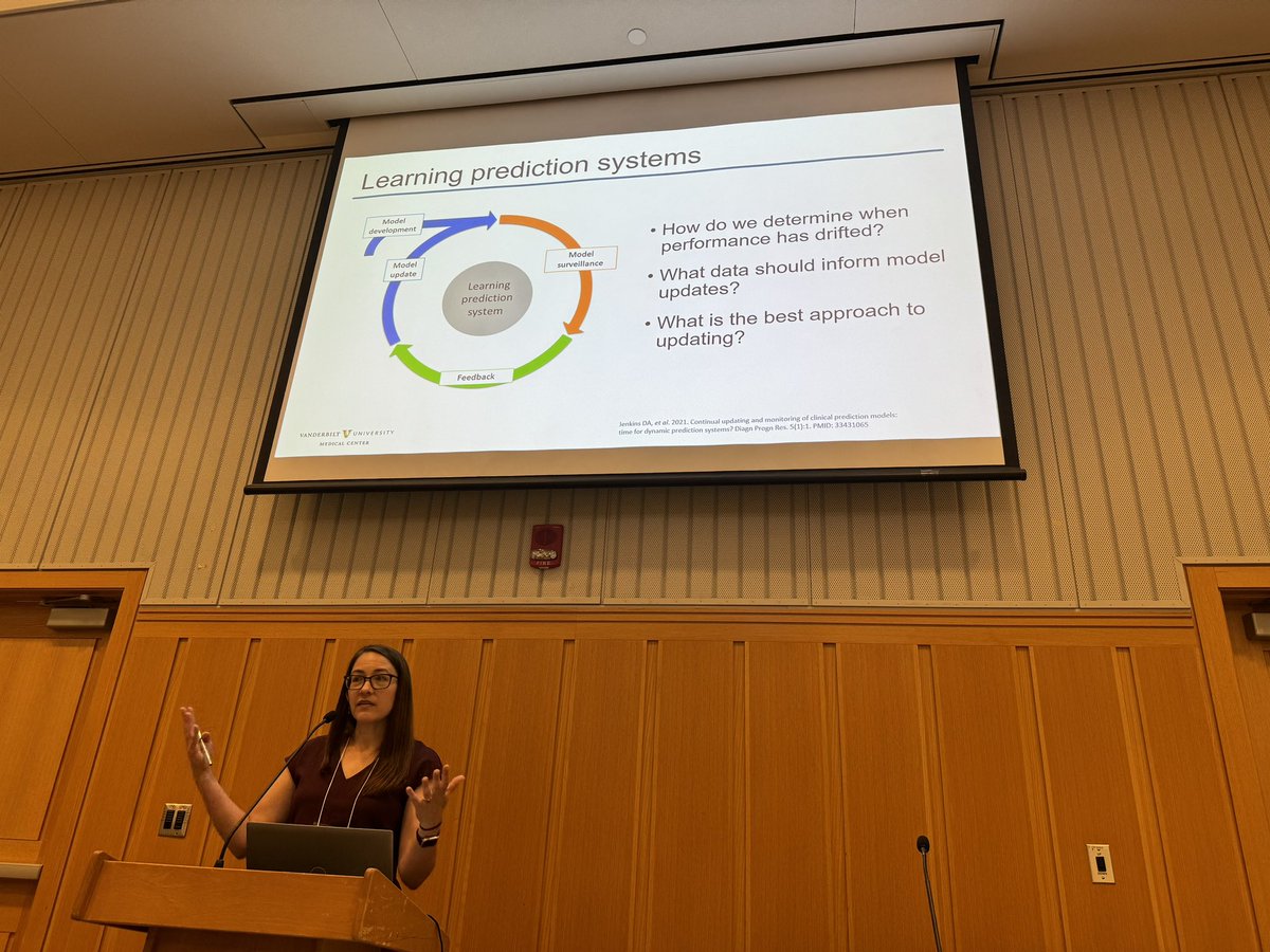 Dr. @Sharon_E_Davis from @vumcdbmi highlights reactive and proactive examples of AI model updating and proposes a learning prediction system at @umichDLHS symposium. Framework: - how to determine if drift has occurred? - what data to collect? - what is best approach to updating?