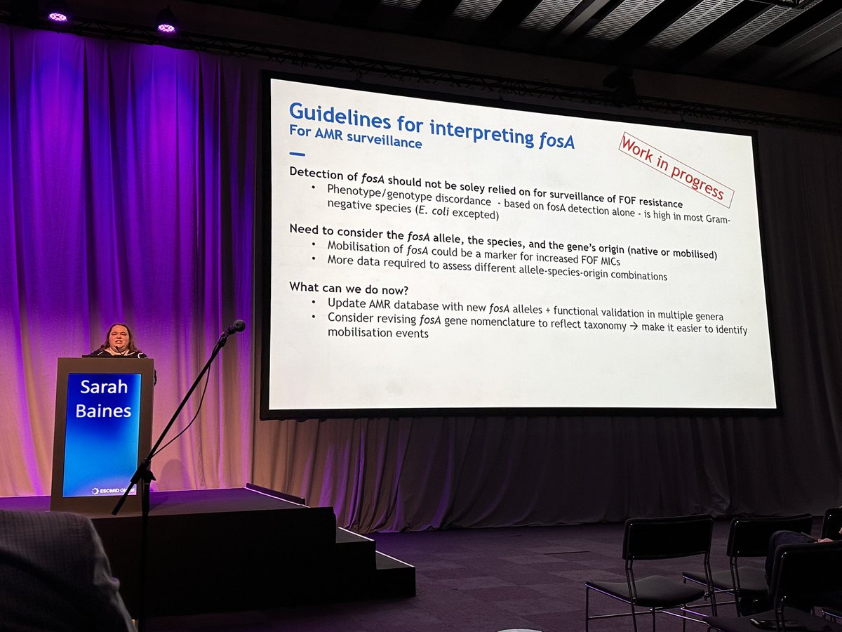 Sometimes #genotype does not match #phenotype & MIC - @sarahlbaines1 brings the case of fosA, a gene that not always gives fosfomycin resistance to its carrier Things to consider: 🧬the allele 🦠the bacteria 1️⃣the origin #ESCMIDGlobal2024