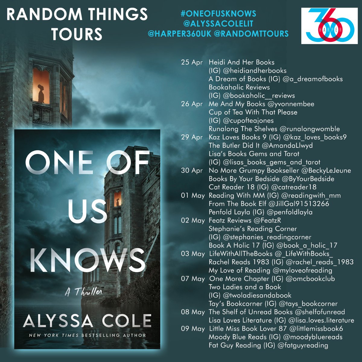 It's day 6 of the @RandomTTours #booktour for @AlyssaColeLit One Of Us Knows. From the bestselling author, comes a riveting thriller about the new caretaker of a historic estate who finds herself trapped on an island with a murderer—and the ghosts of her past. @WmMorrowBooks