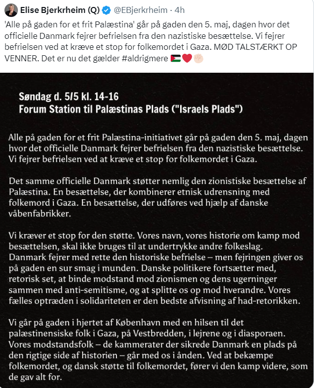 På dagen hvor vi mindes de danske modstandsfolk. På dagen hvor vi mindes at nazisterne forlod Danmark. På dagen hvor vi mindes, at danske jøder kunne vende hjem, efter at nazisterne prøvede at slå dem alle ihjel. Den dag vil man demonstrere imod Israel. Føj for satan.