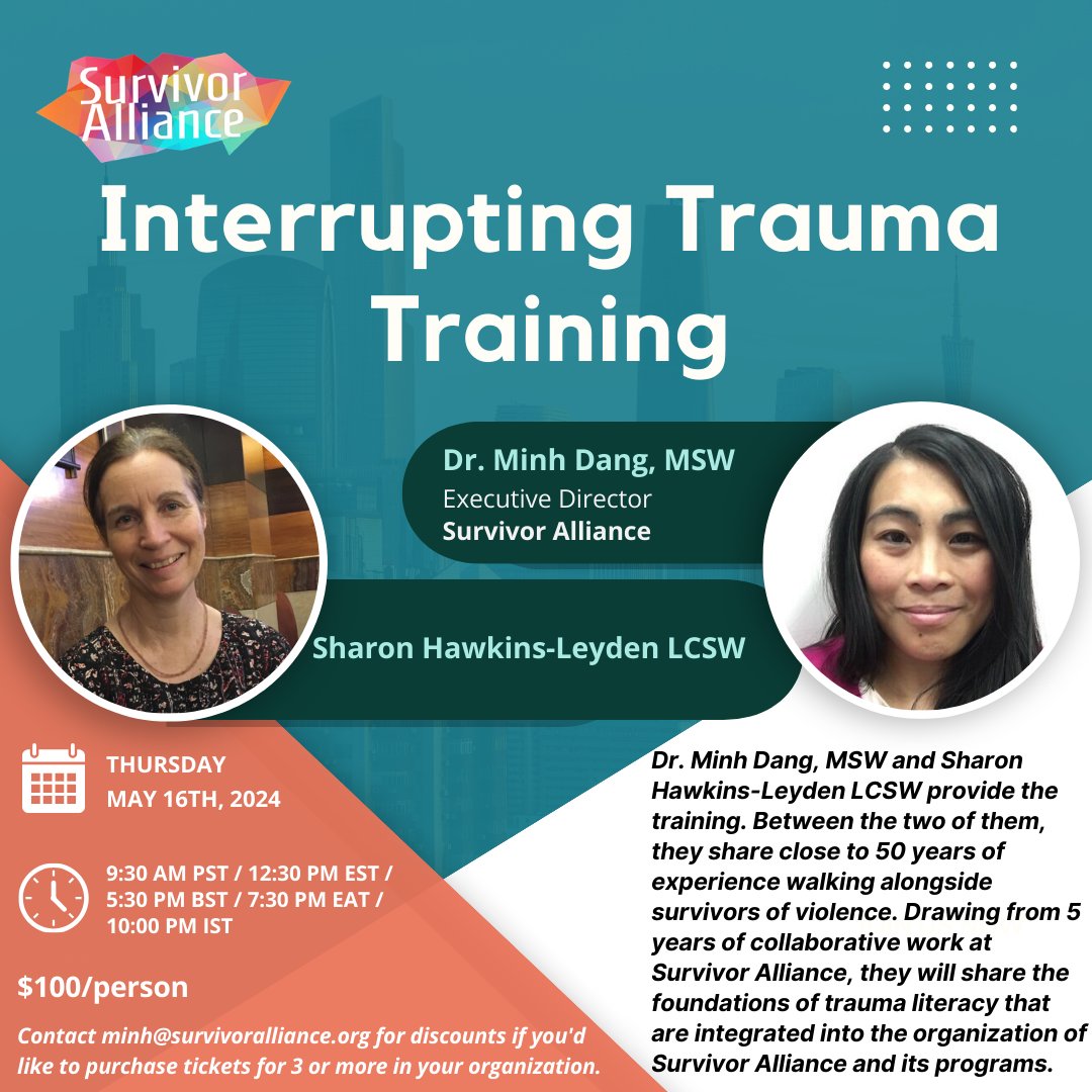 Register here! bit.ly/3xWAQfr #InterruptingTrauma #TraumaInformedCare #SurvivorSupport #SocialServices #NonProfitTraining #EmpowerSurvivors #TraumaLiteracy #SupportingSurvivors #CommunityTraining #SurvivorAlliance #ImpactfulLearning #SurvivorLed #SurvivorsLead