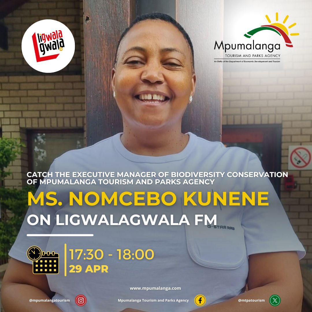 Mpumalanga Tourism and Parks Agency (MTPA) Executive Manager Biodiversity Conservation Ms. Nomcebo Kunene will be live on Ligwalagwala FM from 17:30 - 18:00. She will be talking about African World Heritage Day. Please tune in!! #explorempumalanga #DiscoverMpumalanga