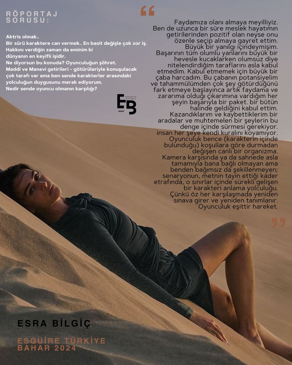 “[..] Oyunculuk eşittir hareket.” 

 #EsraBilgiç Esquire Türkiye Dergisinin Bahar 2024 Sayısının kapağında yer aldı.💥 Katar’da gerçekleşen Röportaj’dan bir kesit.❤️‍🔥 @esbilgic