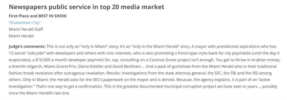 Congrats to the @miamiherald team that produced 'Shakedown City,' winner of a National Headliners Award for public service and Best In Show award.