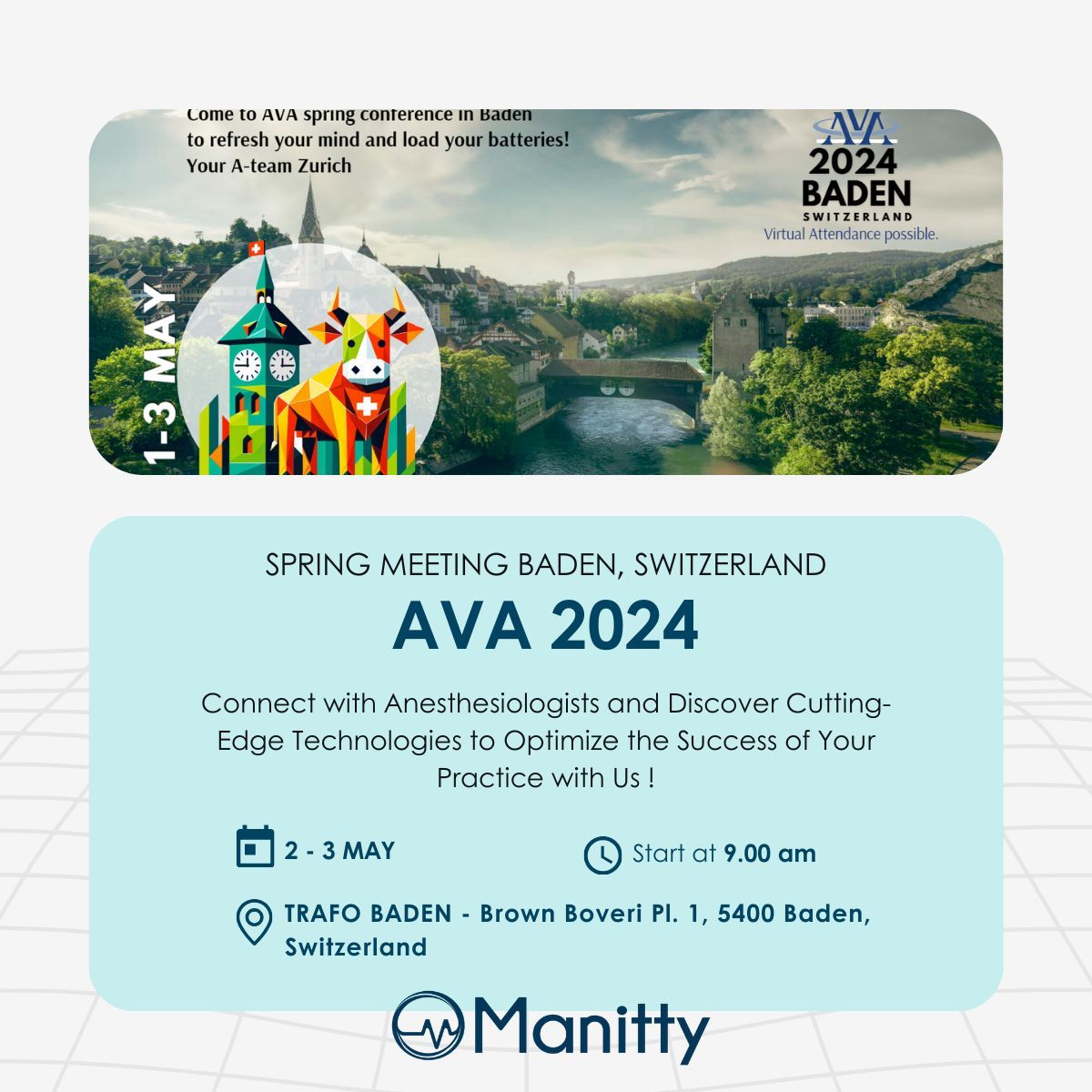 Join us at the #AVA in Baden (May 3rd & 4th) for the exclusive unveiling of VetMo at our poster presentation. 

📍Venue : TRAFO BADEN - Brown Boveri Pl. 1, 5400 Baden, Switzerland
🕐Time : From 7 am to 5 pm
📅Date : Wed 2 - Thu 3 May

@AVAVETS #anaesthetists #veterinary