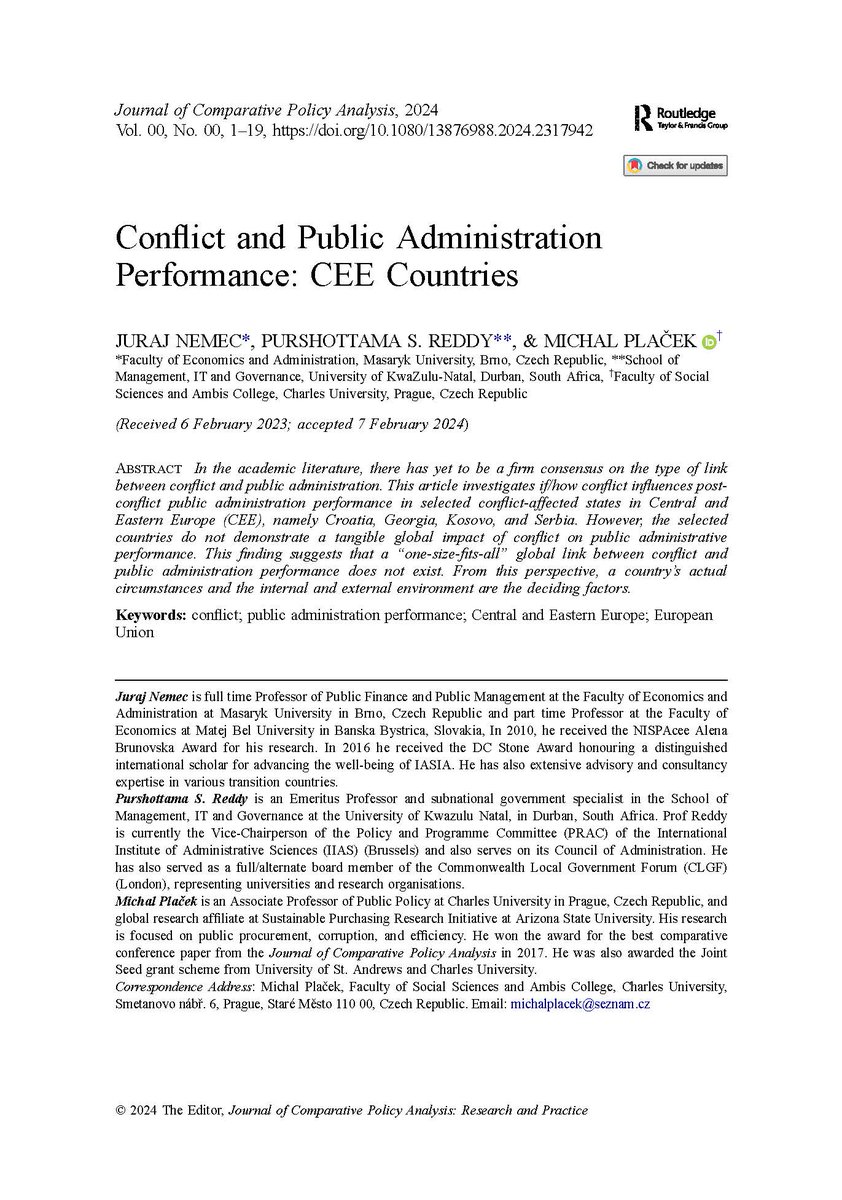 Does conflict influence post-conflict public administration performance? And if so, how? 🏛️ The study below investigated 4⃣ conflict-affected states in CEE – Croatia🇭🇷, Georgia🇬🇪, Kosovo🇽🇰, and Serbia🇷🇸. Full article co-authored by Prof. Juraj Nemec ⏩ doi.org/10.1080/138769…