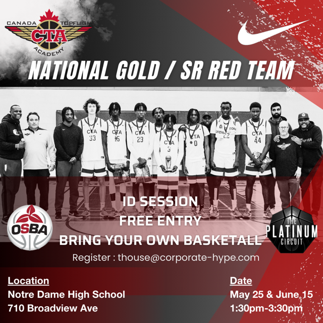 Canada Topflight Academy (@canadatopflight) on Twitter photo ANNOUNCEMENT: SR Red/Gold ID Session May 25/June 15 <a href="/NotreDameOCSB/">Notre Dame High School</a> 1:30-3:30pm <a href="/DrewEbanks/">OnPointBasketball</a> <a href="/PlatinumCircuit/">The Platinum Circuit</a> <a href="/OntarioSBA/">OSBA</a> <a href="/ScoutNSuit/">Jon Soch | Scout in the Suit</a> <a href="/wesblairbrown/">Wes Brown</a> <a href="/themapleminute/">Josh Millican</a> <a href="/ottawahoops/">ottawahoops</a> <a href="/Tisinthehouse/">Tony House</a> <a href="/HeraMission/">Peggy Taillon</a> <a href="/ViktaPaulo/">Vikta Paulo</a> <a href="/bayner/">Mark Bayne</a> <a href="/LeoRautins/">Leo Rautins</a> ANNOUNCEMENT: SR Red/Gold ID Session May 25/June 15 <a href="/NotreDameOCSB/">Notre Dame High School</a> 1:30-3:30pm <a href="/DrewEbanks/">OnPointBasketball</a> <a href="/PlatinumCircuit/">The Platinum Circuit</a> <a href="/OntarioSBA/">OSBA</a> <a href="/ScoutNSuit/">Jon Soch | Scout in the Suit</a> <a href="/wesblairbrown/">Wes Brown</a> <a href="/themapleminute/">Josh Millican</a> <a href="/ottawahoops/">ottawahoops</a> <a href="/Tisinthehouse/">Tony House</a> <a href="/HeraMission/">Peggy Taillon</a> <a href="/ViktaPaulo/">Vikta Paulo</a> <a href="/bayner/">Mark Bayne</a> <a href="/LeoRautins/">Leo Rautins</a>