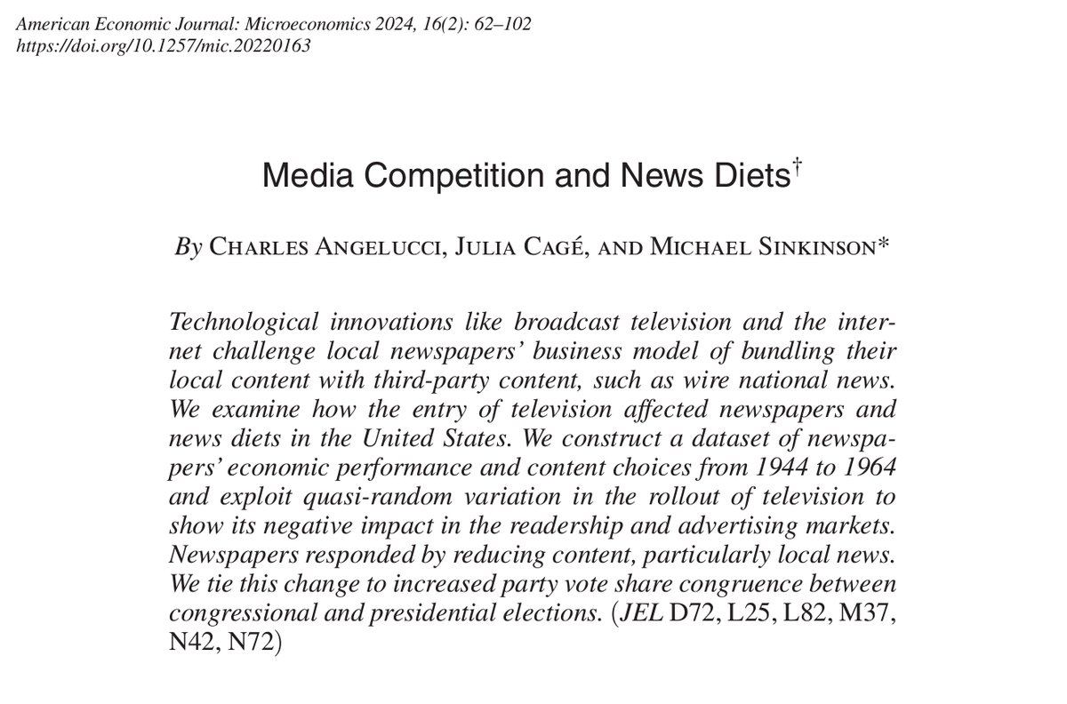 Out today in AEJ Micro by @Angelucci_Ch, @CageJulia & @MSinkinson TV rollout in 1944 to 1964 reduced newspaper readership and decimated advertising revenue. Newspapers responded by reducing content, particularly local news which in turn led to more party vote share congruence.
