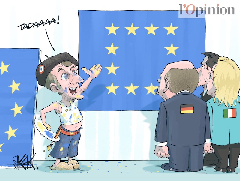 Macron fait son discours sur l'Europe #DessinDePresse pour @lopinion_fr sur un article 'Emmanuel Macron enterre l’Europe du XXe siècle' de @clhaik à lire ici : lopinion.fr/politique/emma…