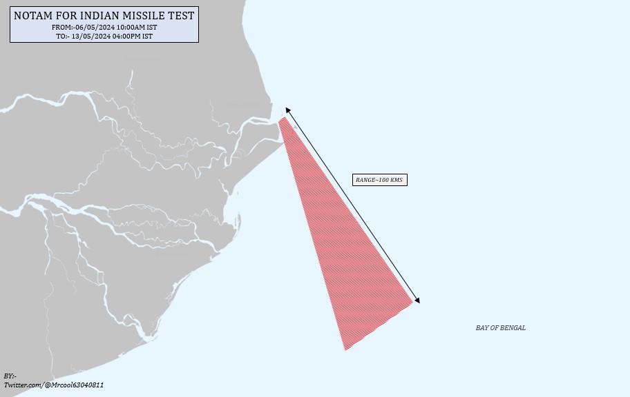 India Issues NOTAM for Possible Missile Test between May 6th-13th in Bay of Bengal