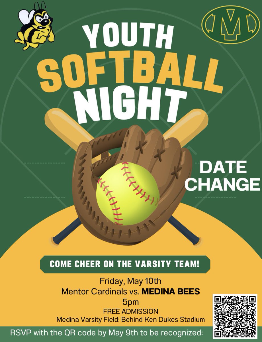 Date change for our Youth Softball Night! Will now be Friday, May 10th!! Looking forward to seeing you all there!