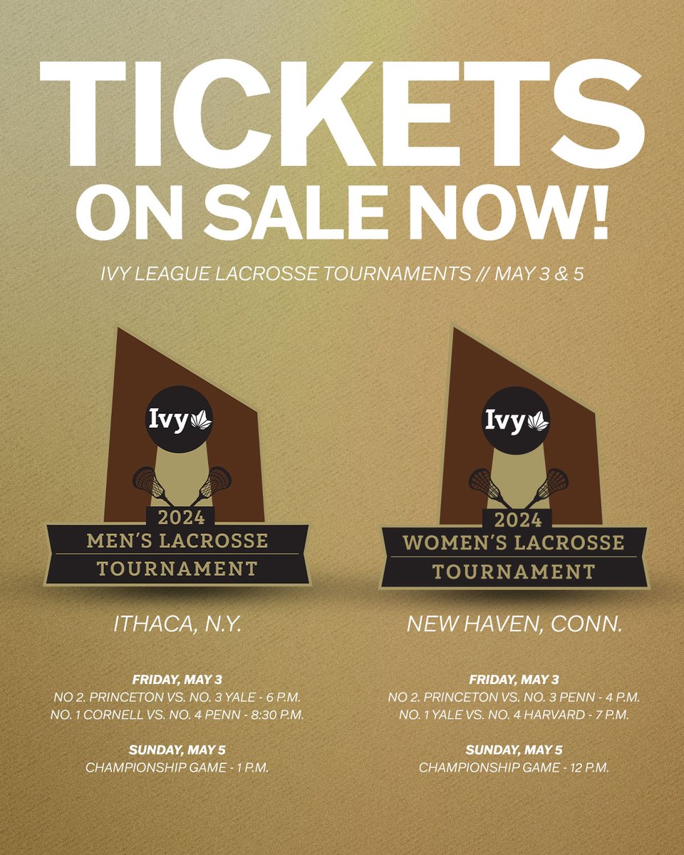 TICKETS ON SALE NOW. Get your tickets now for the Ivy League men's and women's lacrosse tournaments on May 3 & 5. The men's tournament is heading to Ithaca while the women's tournament is in New Haven. 🌿🥍 MEN'S 🎟️ » ivylg.co/MLAXTIX042924 WOMEN'S 🎟️ » ivylg.co/WLAXTIX042924