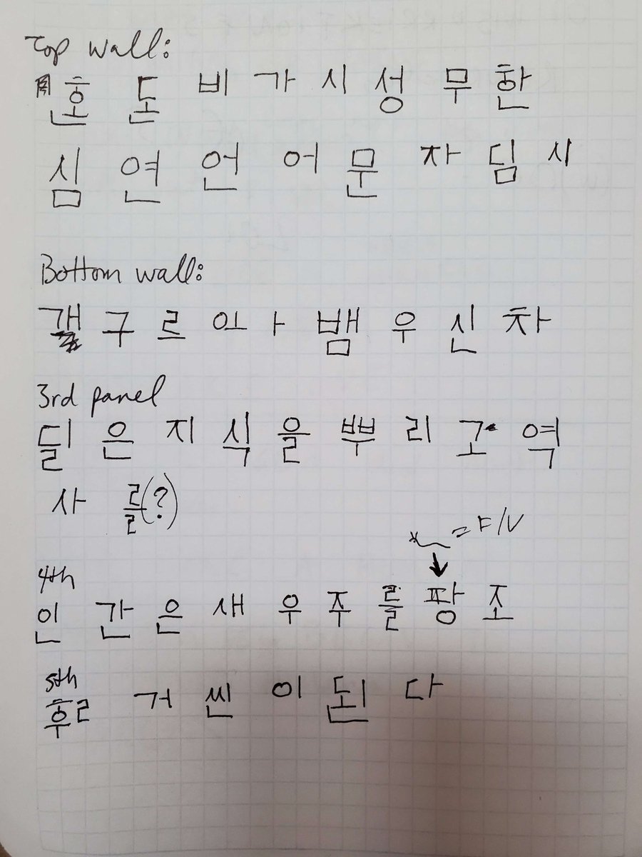 I have the hanglyphs written here. Is anyone able to translate them? I'll be writing them down digitally beneath this post shortly. 
#엔네아드 #Ennead