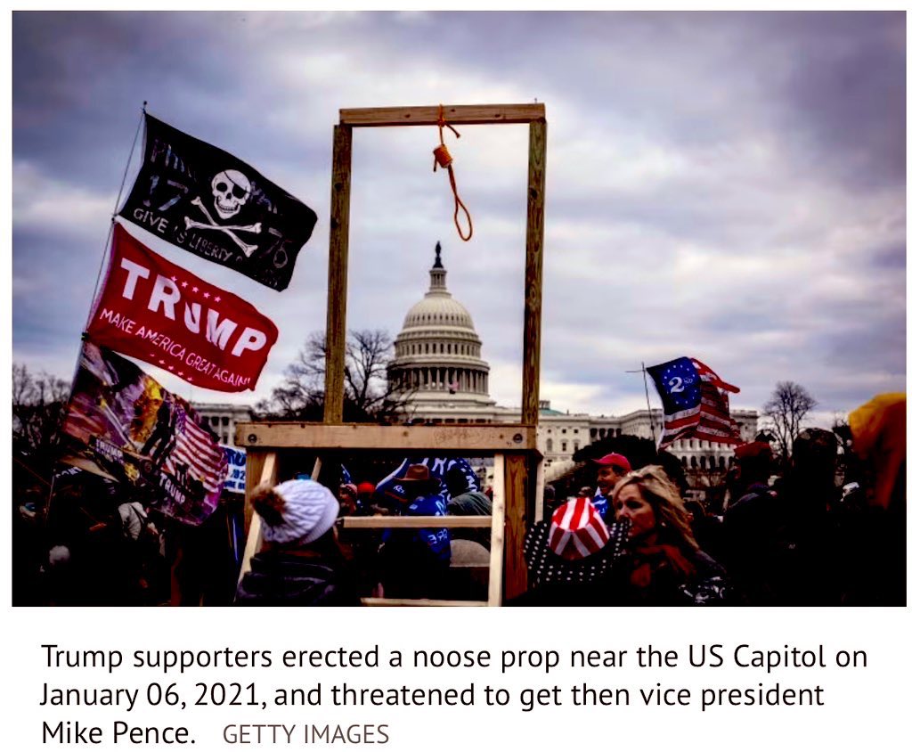 They chanted “Hang Mike Pence!””Hang Mike Pence!” Trump’s VP was meant to be hung first by the violent MAGA insurrectionists on January 6th… only Mike Pence escaped. They planned in hanging their own VP for refusing to obstruct the vote making Joe Biden our president.