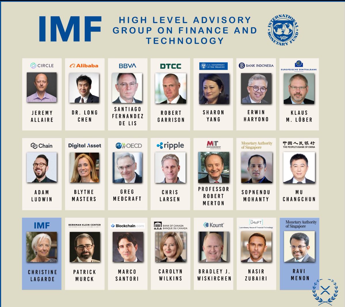 BREAKING: 🚨 Chris Larsen appears as a member of “ The #IMF high-level advisory group on Finance and Technology” 

Notice how #Ripple’s Executive Chair and Co-Founder features right in the center. 💥

Source: @DROPZXRP