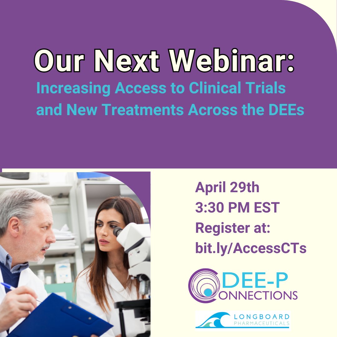 Interested in learning more about increasing access to clinical trials and new treatments across the DEEs? Then join our friends at DEE-P Connections for a webinar TODAY at 3:30PM ET! ⁠ ⁠ #childneurology #clinicaltrials #DEEpConnections #accessCT